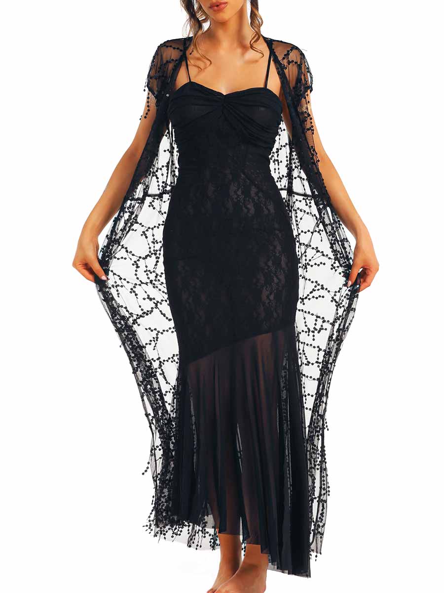 Black lace suspender long dress