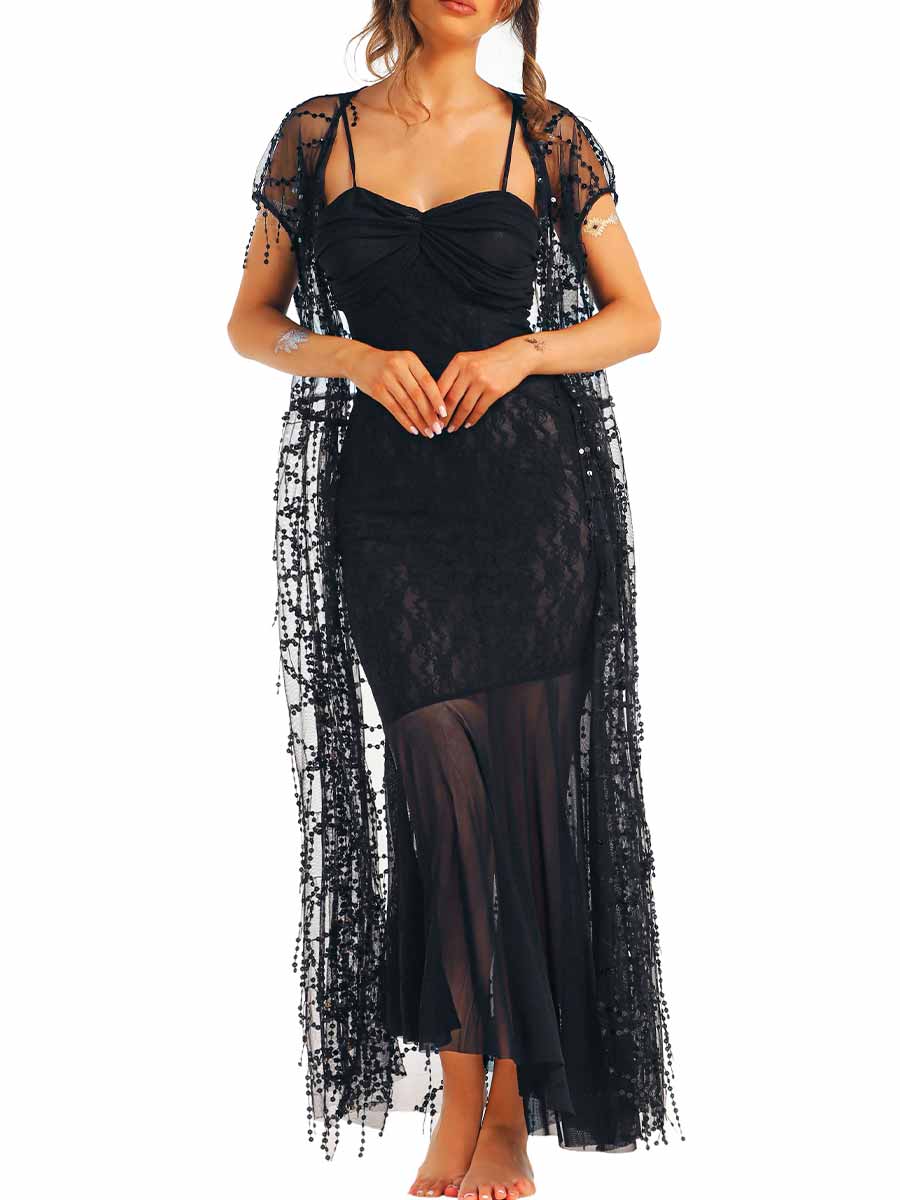 Beaded Sequin Black Lace Long Dress