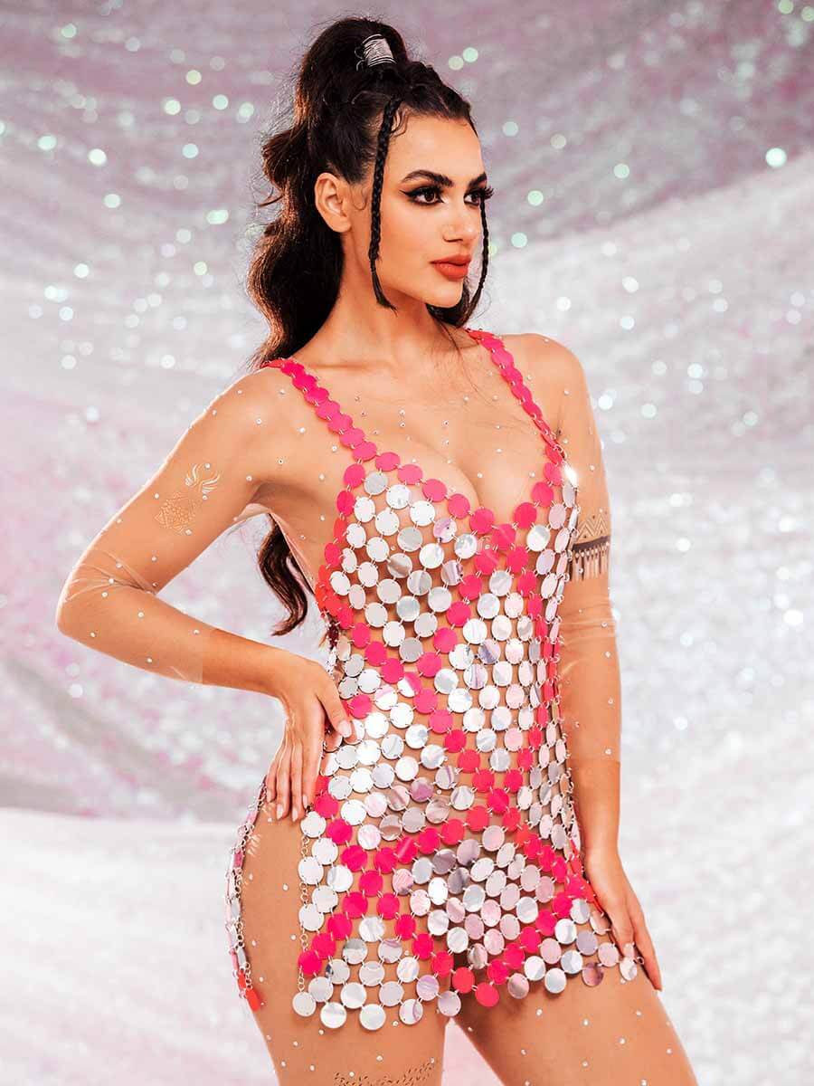 Red Embedded Silver Sequin Dress
