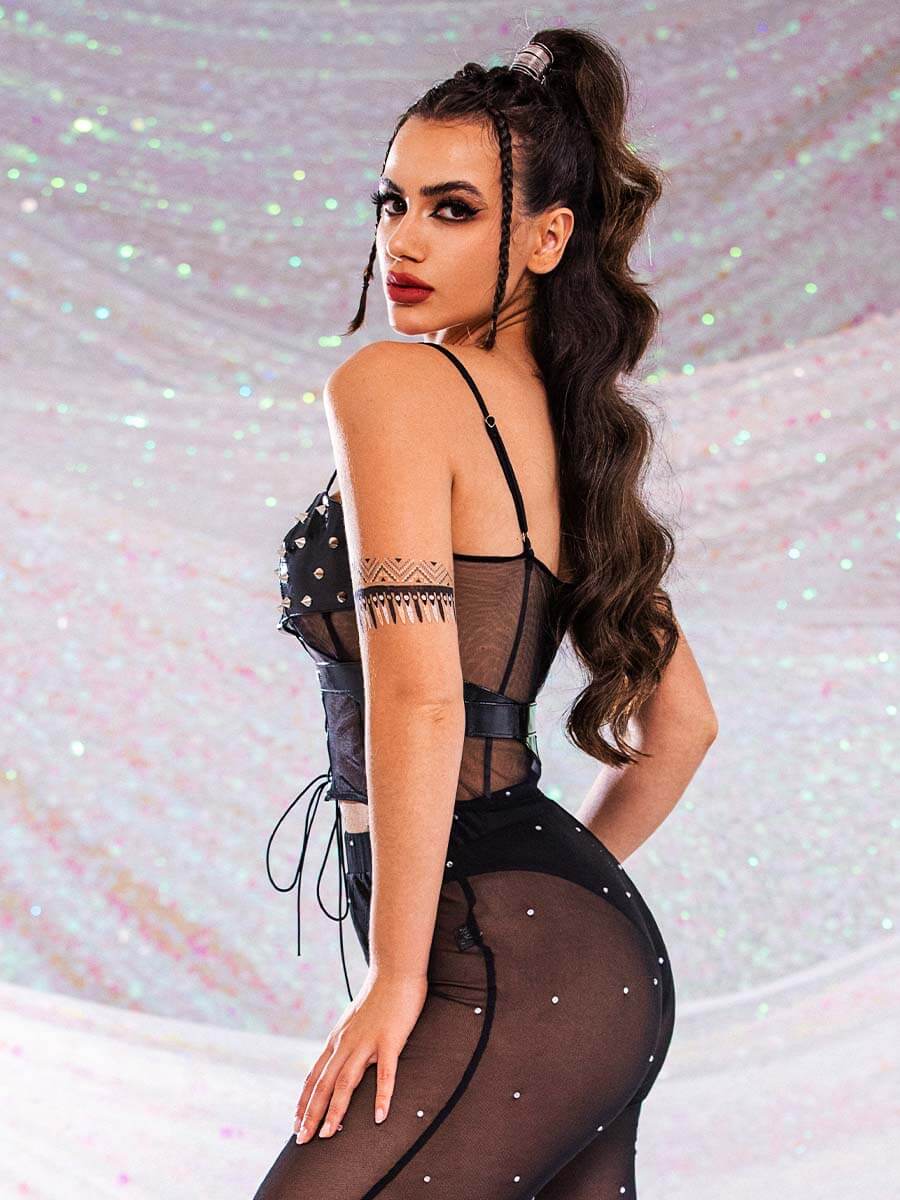 mesh rhinestone pants