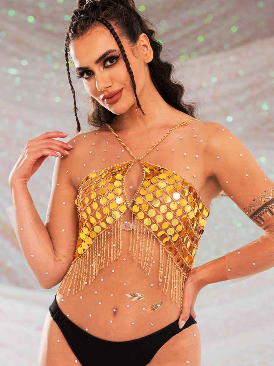 Gold Sequin Fringe Top - Gorgeous Metallic Chain Bra Top
