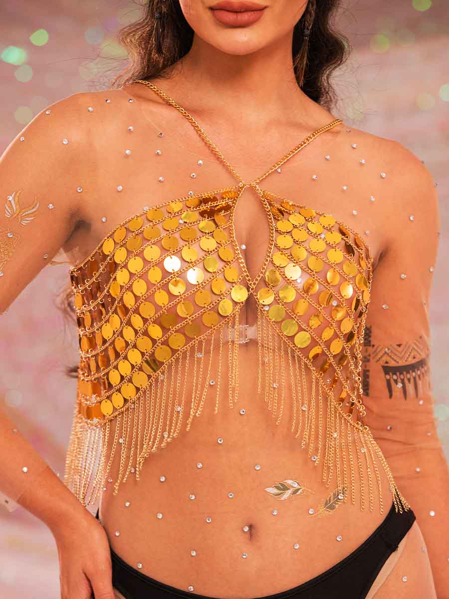 gold sequin tassel top