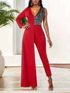 Mixed Fabric Sequin High-Waisted Slim-Fit Jumpsuit