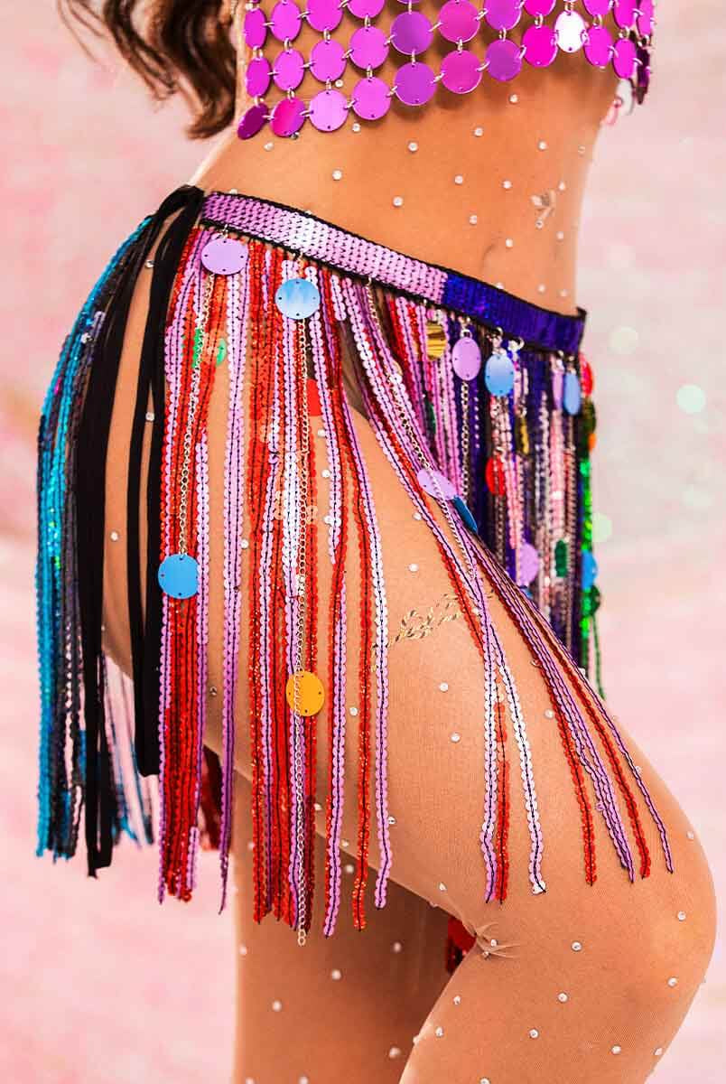 Iridescent Sequin Skirt - Fringed Rainbow Mini Skirt
