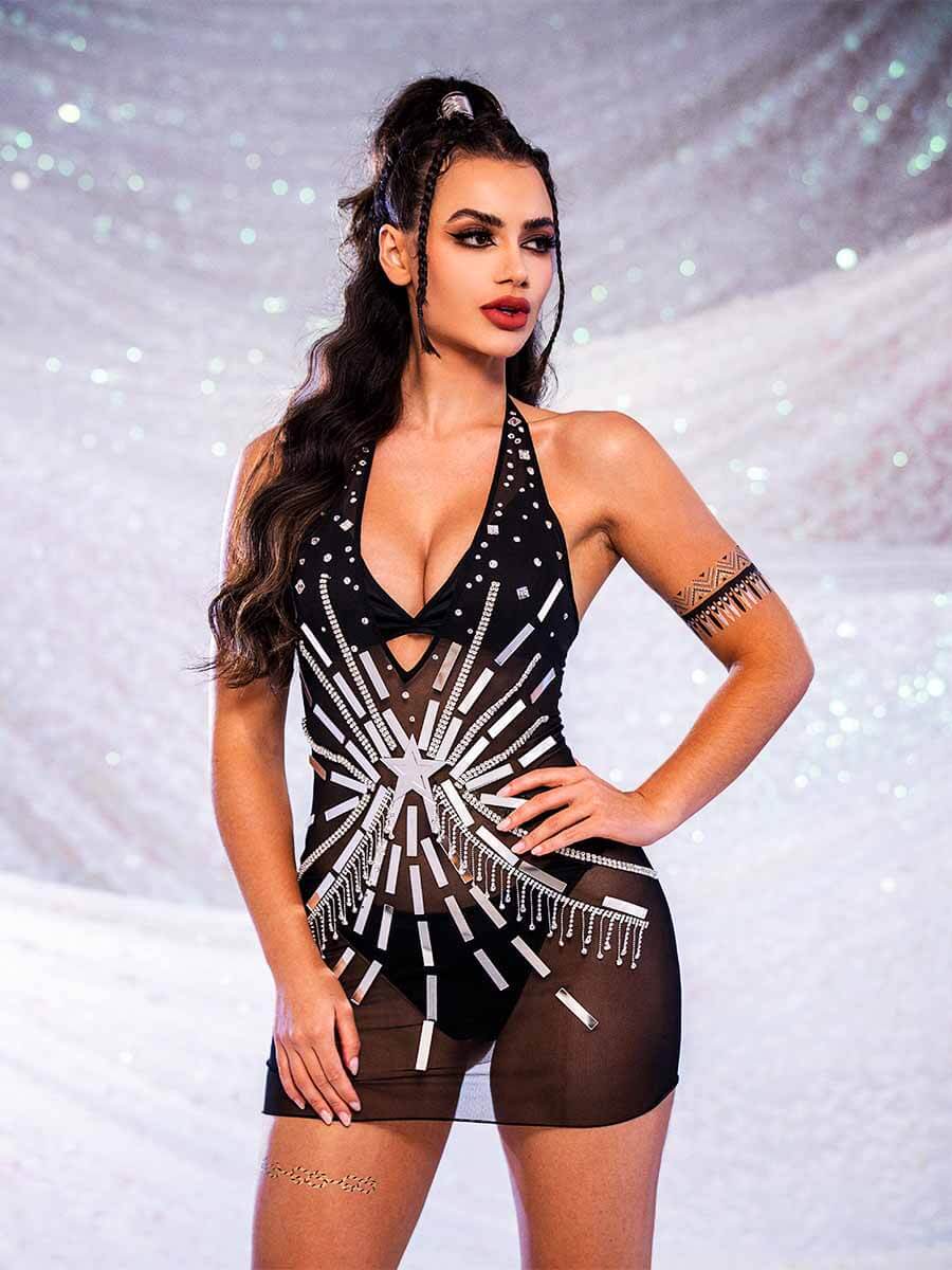 Sparkly Rhinestone Dress - Black Sequin Sheer Dress
