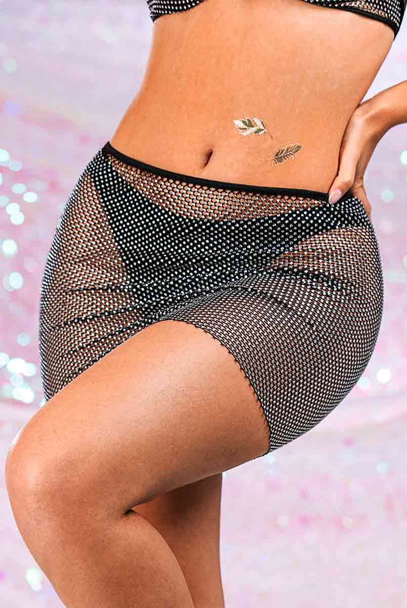 Black Rhinestone Mini Skirt - Mesh Breathable Short Skirt