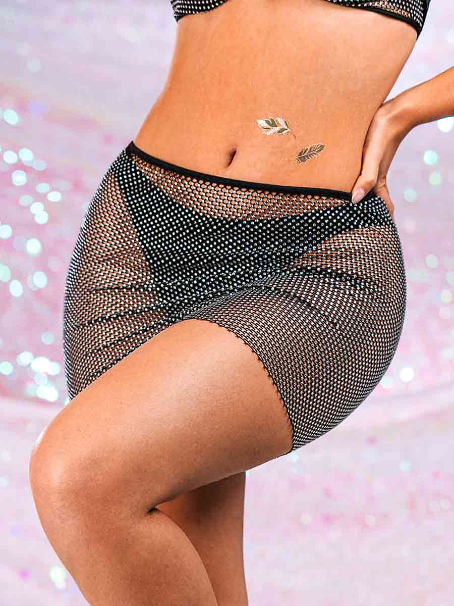Black Rhinestone Mini Skirt - Mesh Breathable Short Skirt