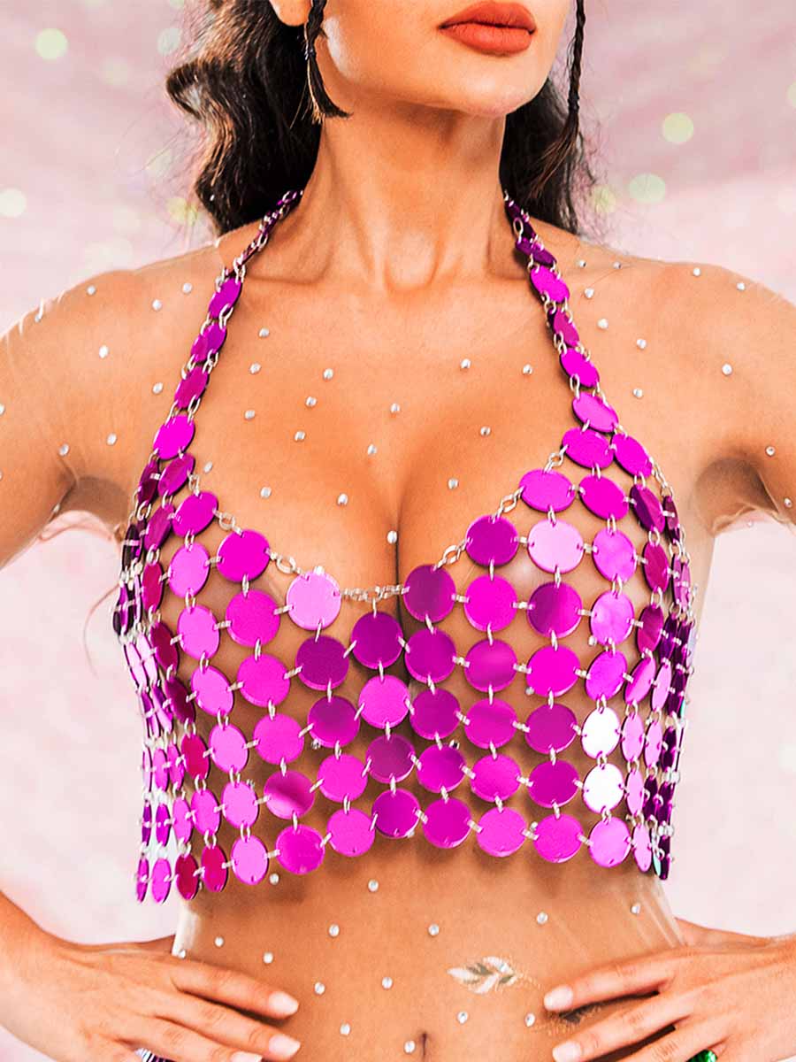 Purple Circle Sequin Halter Tank Top