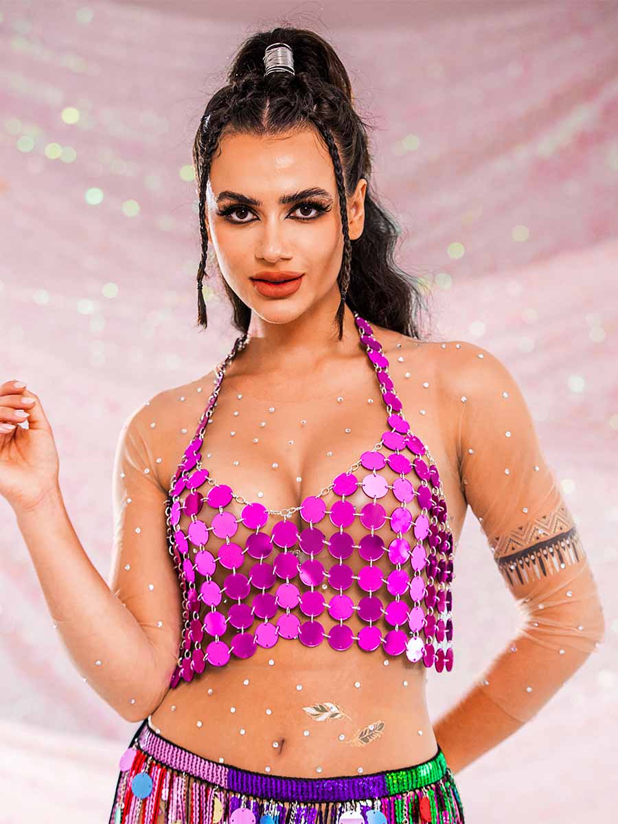 Purple Sequin Halter Tank Top