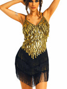 Gold sequin black fringe dress