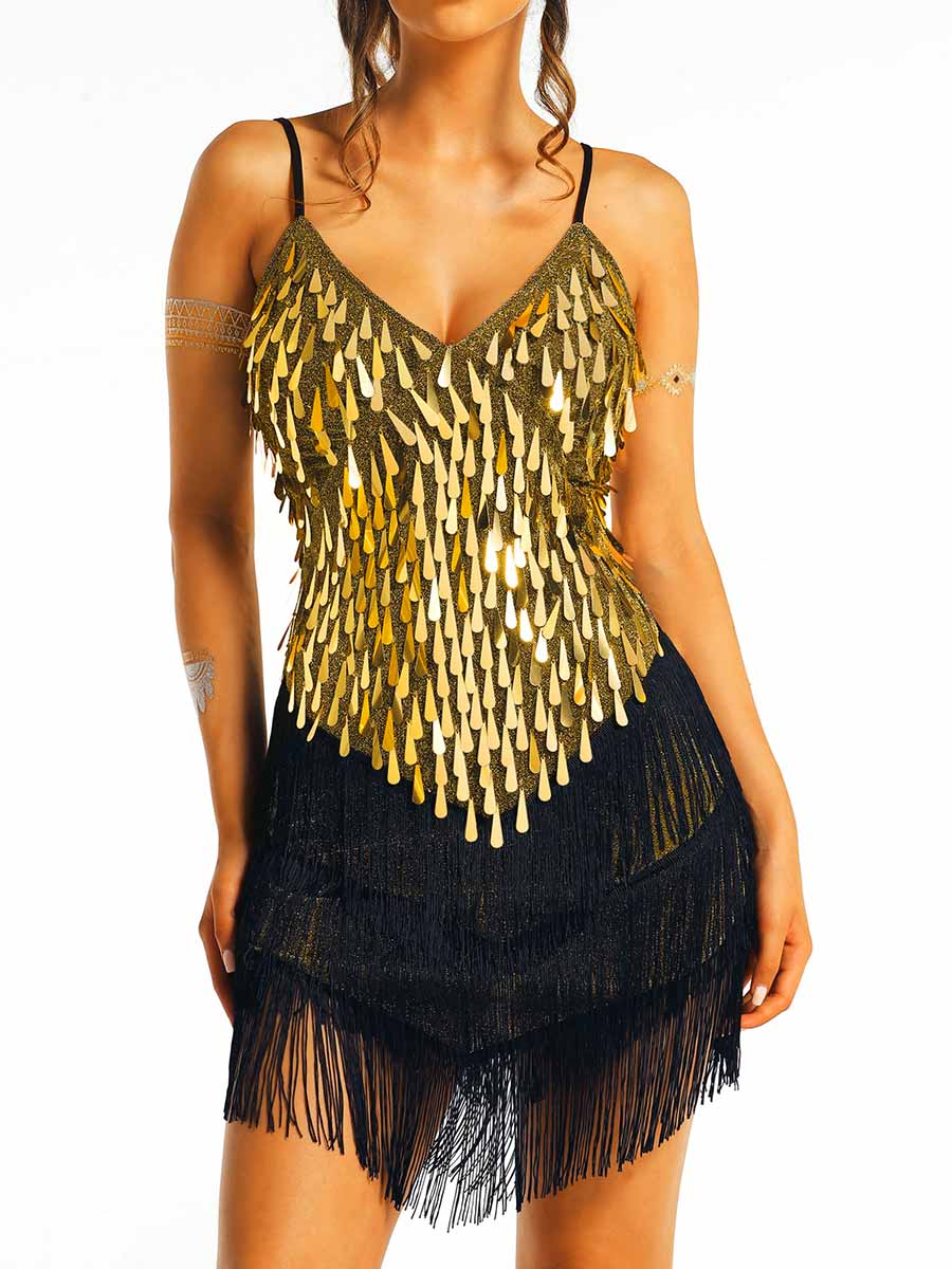 Gold sequin black tassel dress