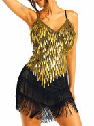 Gold sequin black tassel mini dress