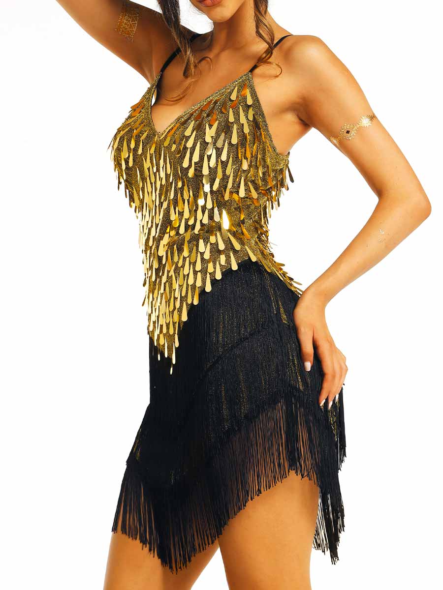 Gold sequin black fringe slip dress