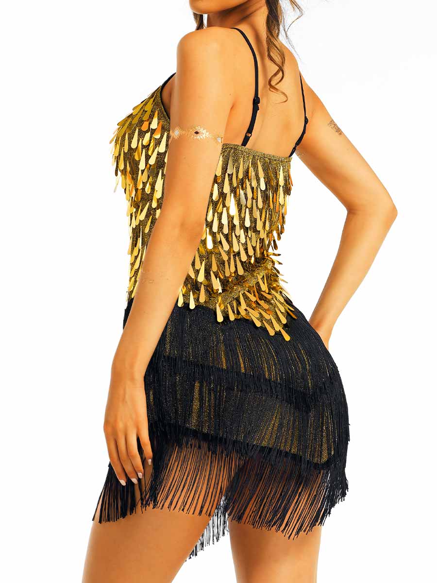 Gold sequin black tassel slip dress