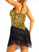 Gold sequin black fringe slip mini dress