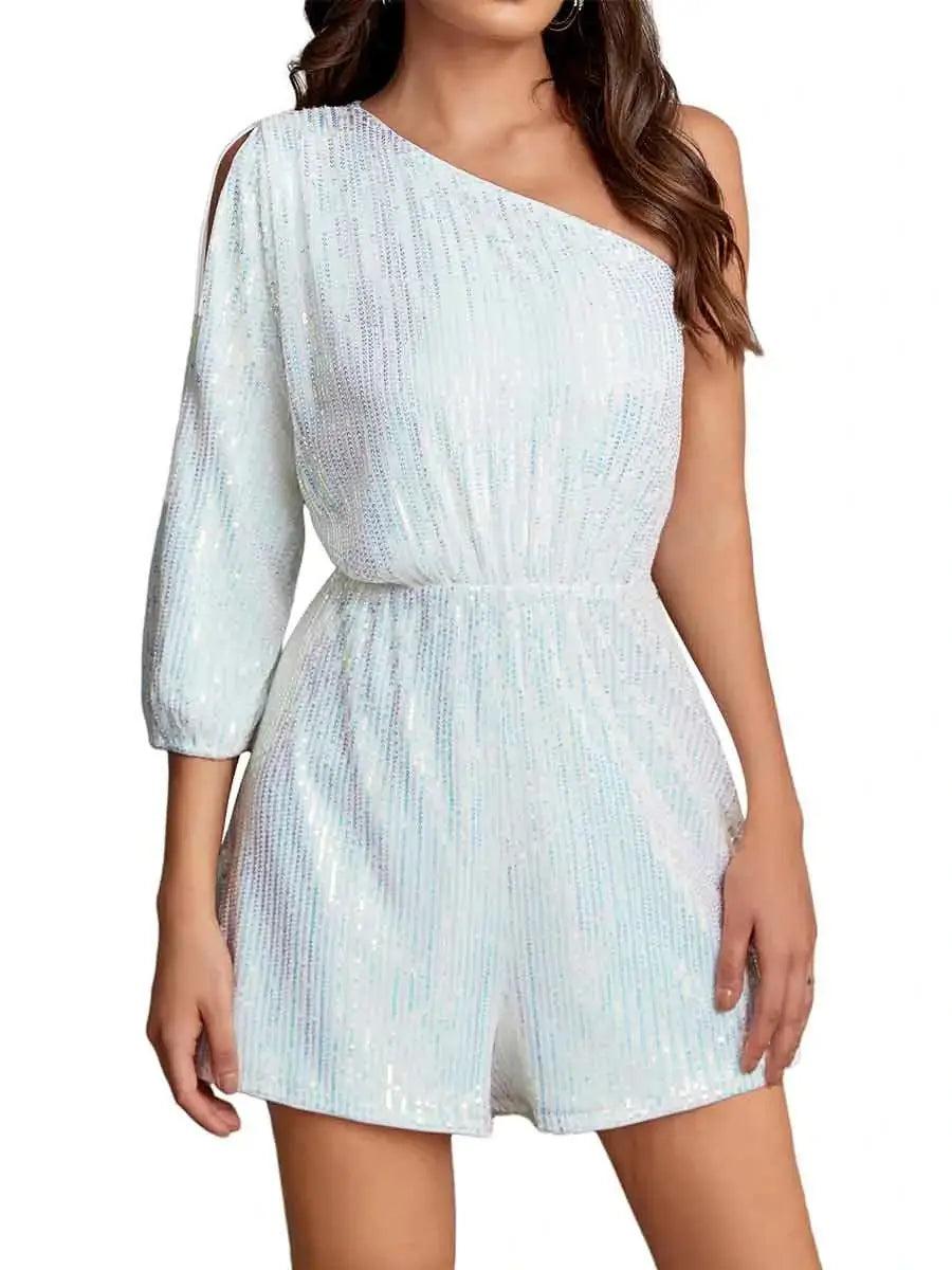 one shoulder sparkly jumpsuit