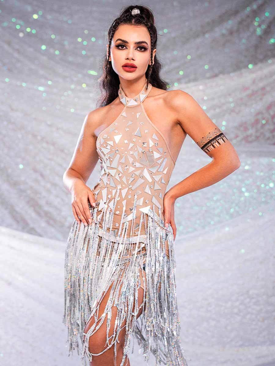 Silver Sequin Fringe Mini Dress