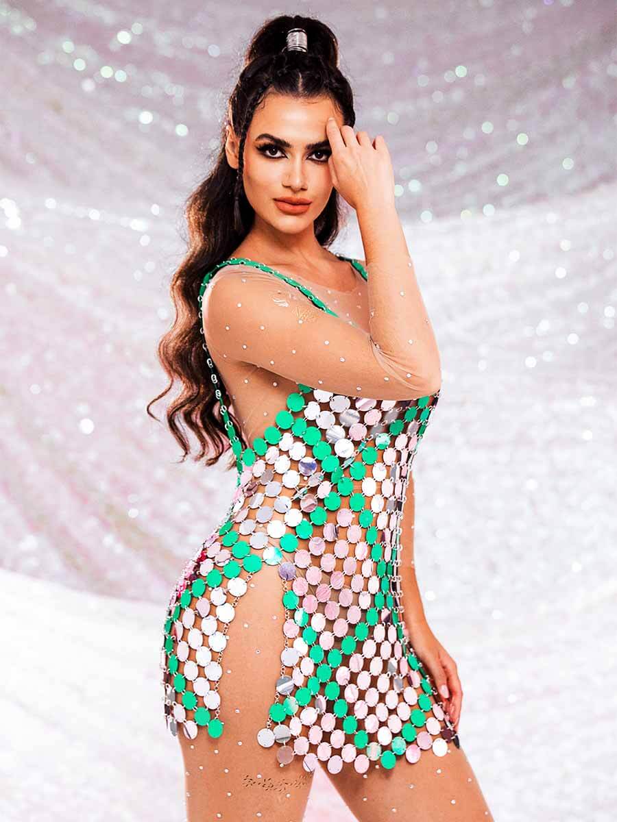 Silver Sparkly Mini Dress - Embellished Green Sequin Dress