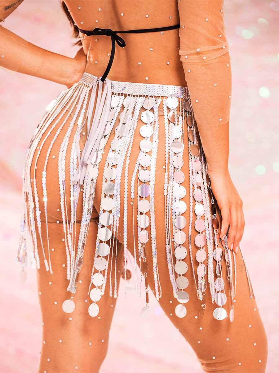 silver sequin fringe mini skirt