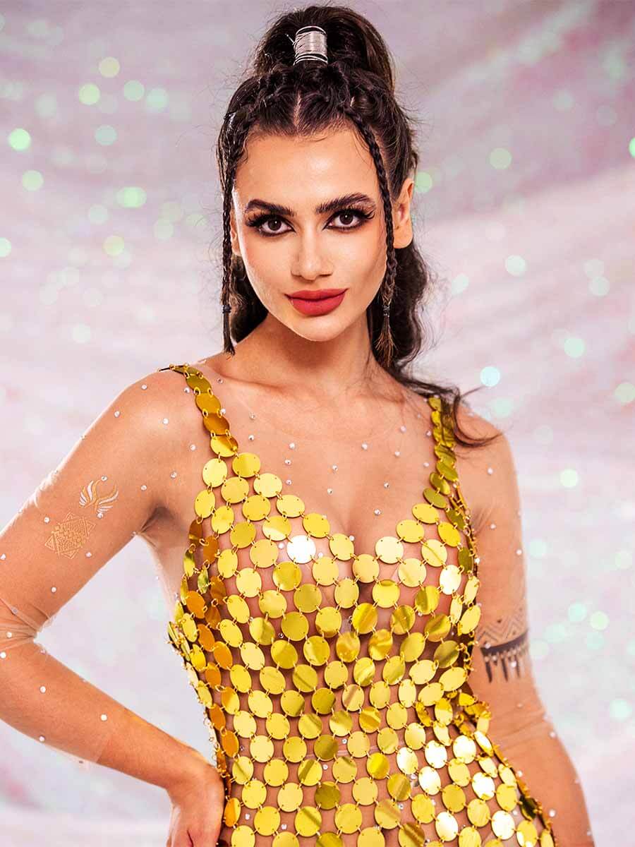 Gold Sequin Mini Dress - Strappy V Neck Shift Dress