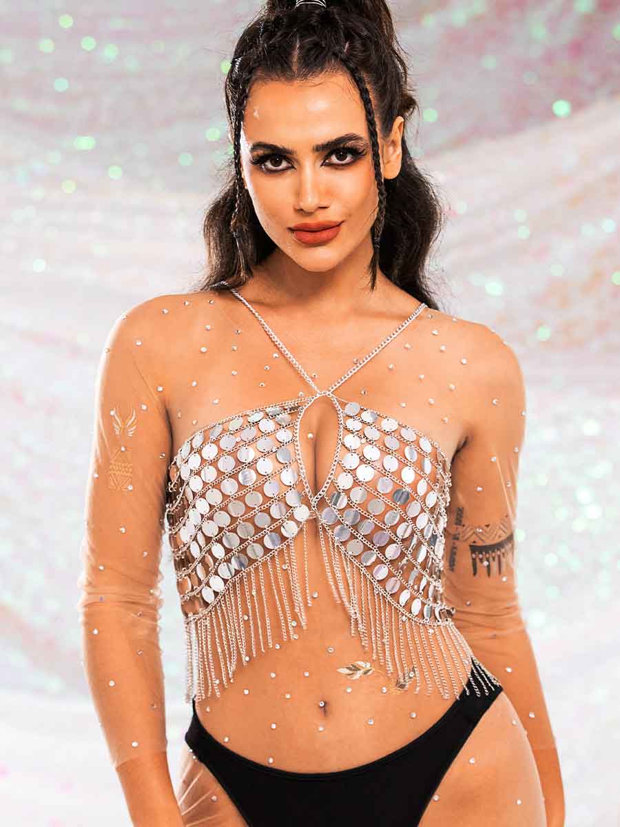 silver sequin fringe top