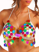 metal chain rainbow sequin bra top