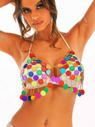 metal chain rainbow sequin bra