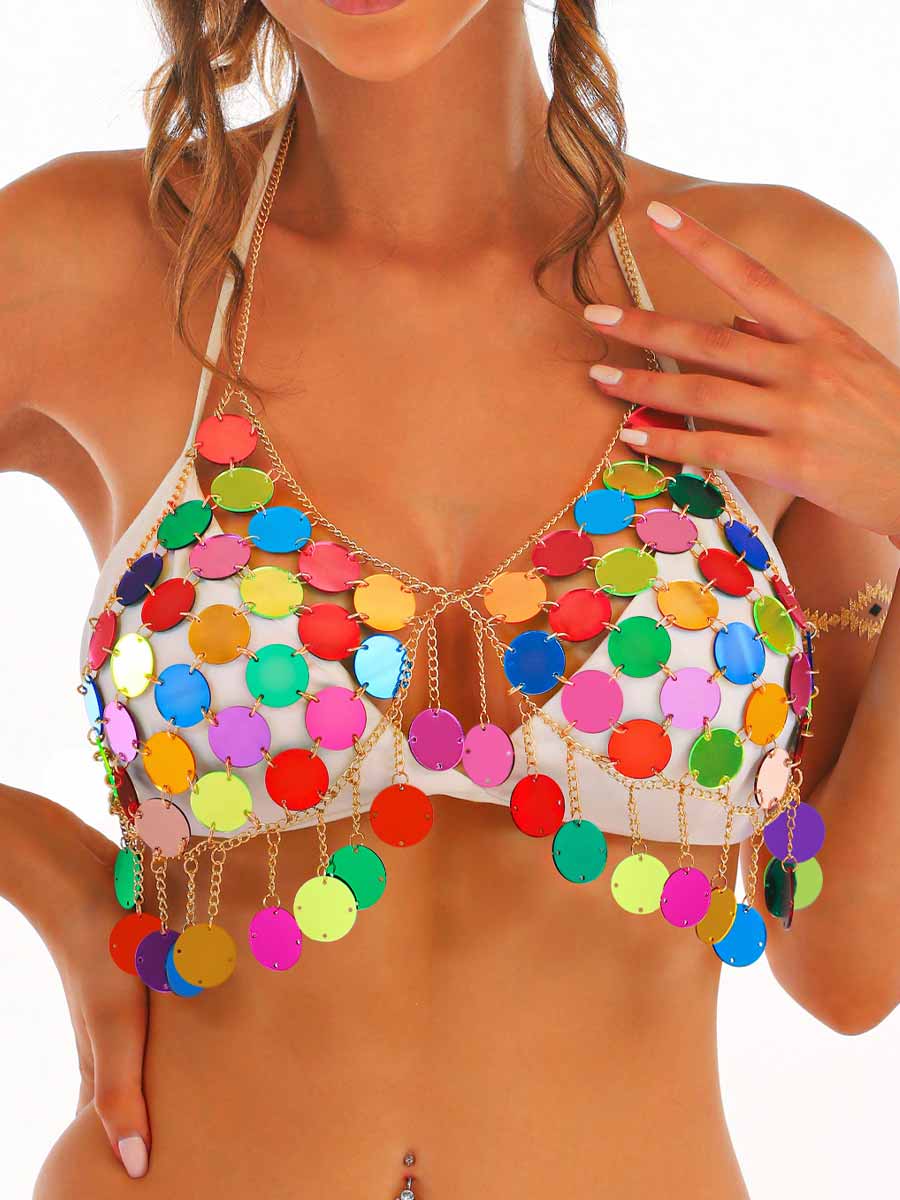 metal chain Iridescence sequin bra top