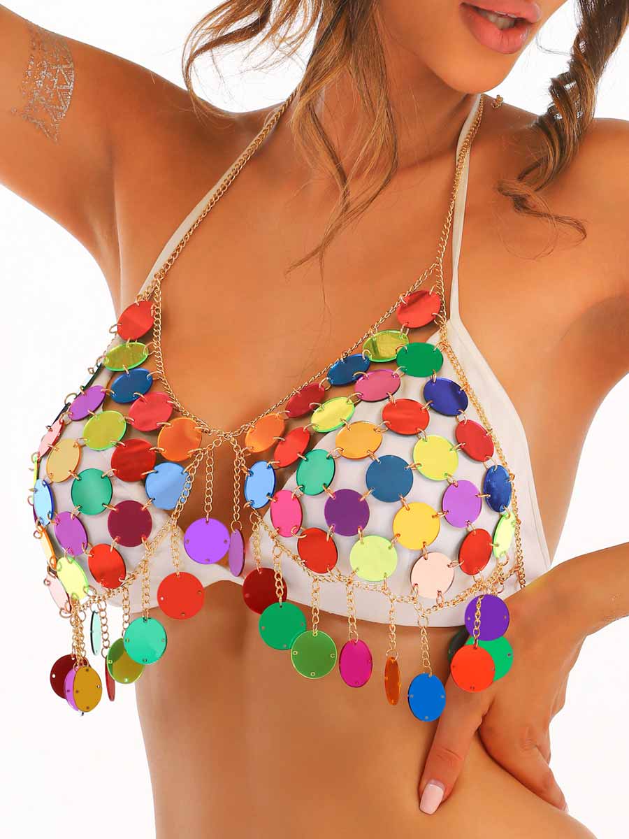 metal chain multicolor sequin bra top