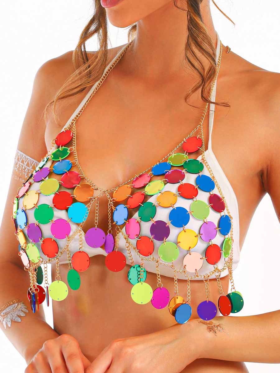 Metal Chain Rainbow Sequin Halter Bra Top