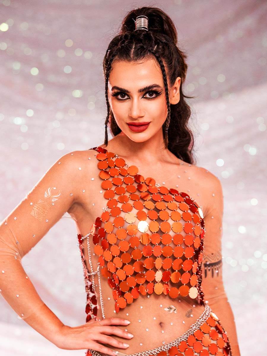 Orange Sequin Two Piece Set - One Shoulder Top & Skirt