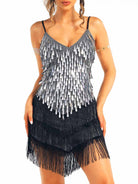 silver sequin black tassel dress