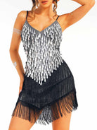 silver sequin black tassel mini dress