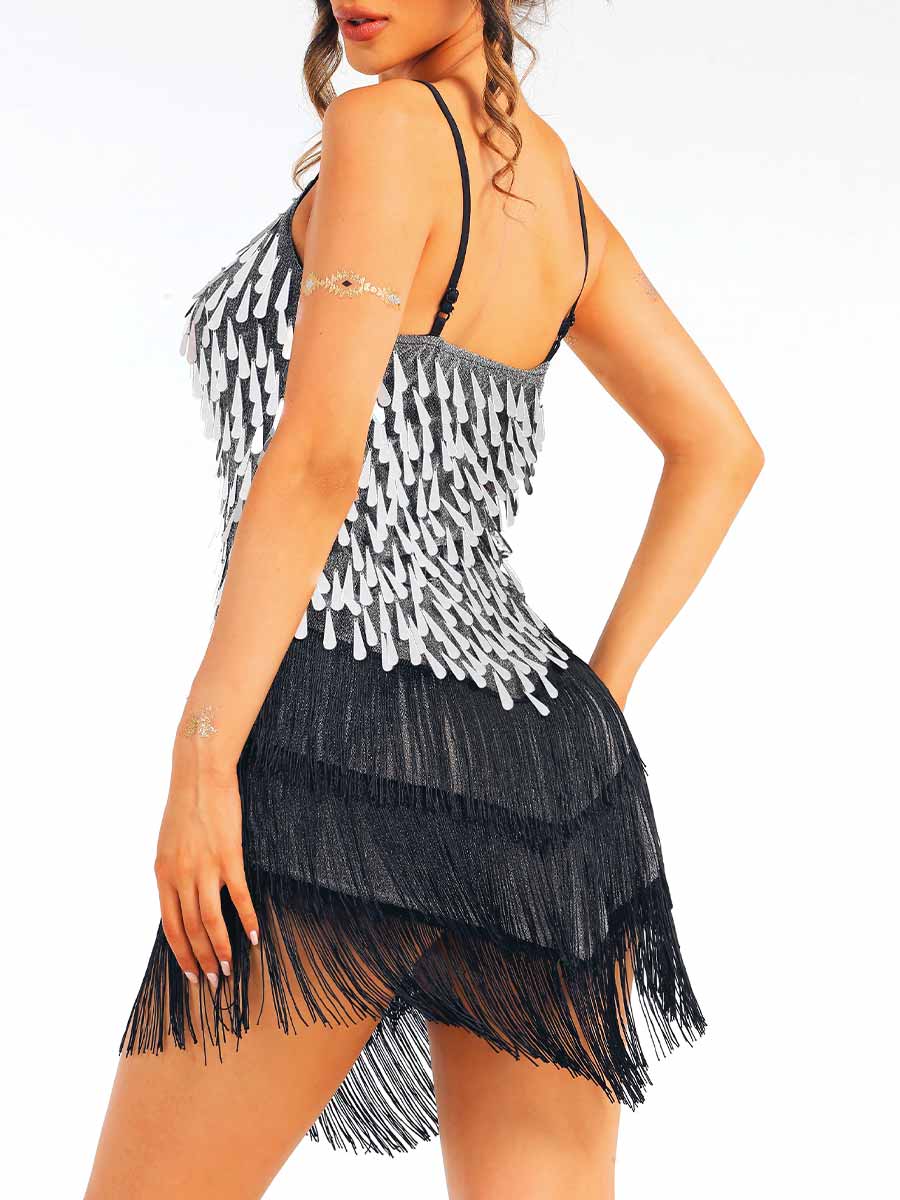 silver sequin black fringe mini dress