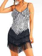 silver sparkly black tassel dress