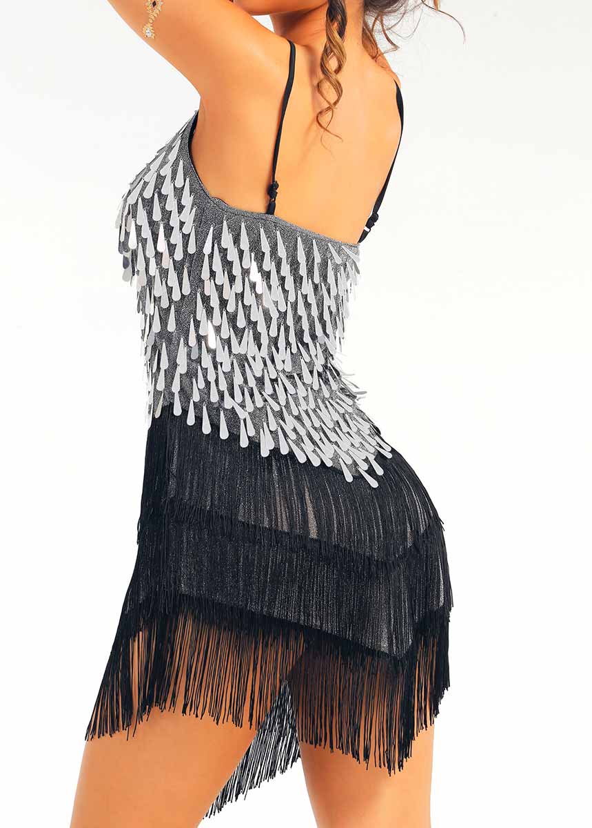 silver sparkly black fringe mini dress