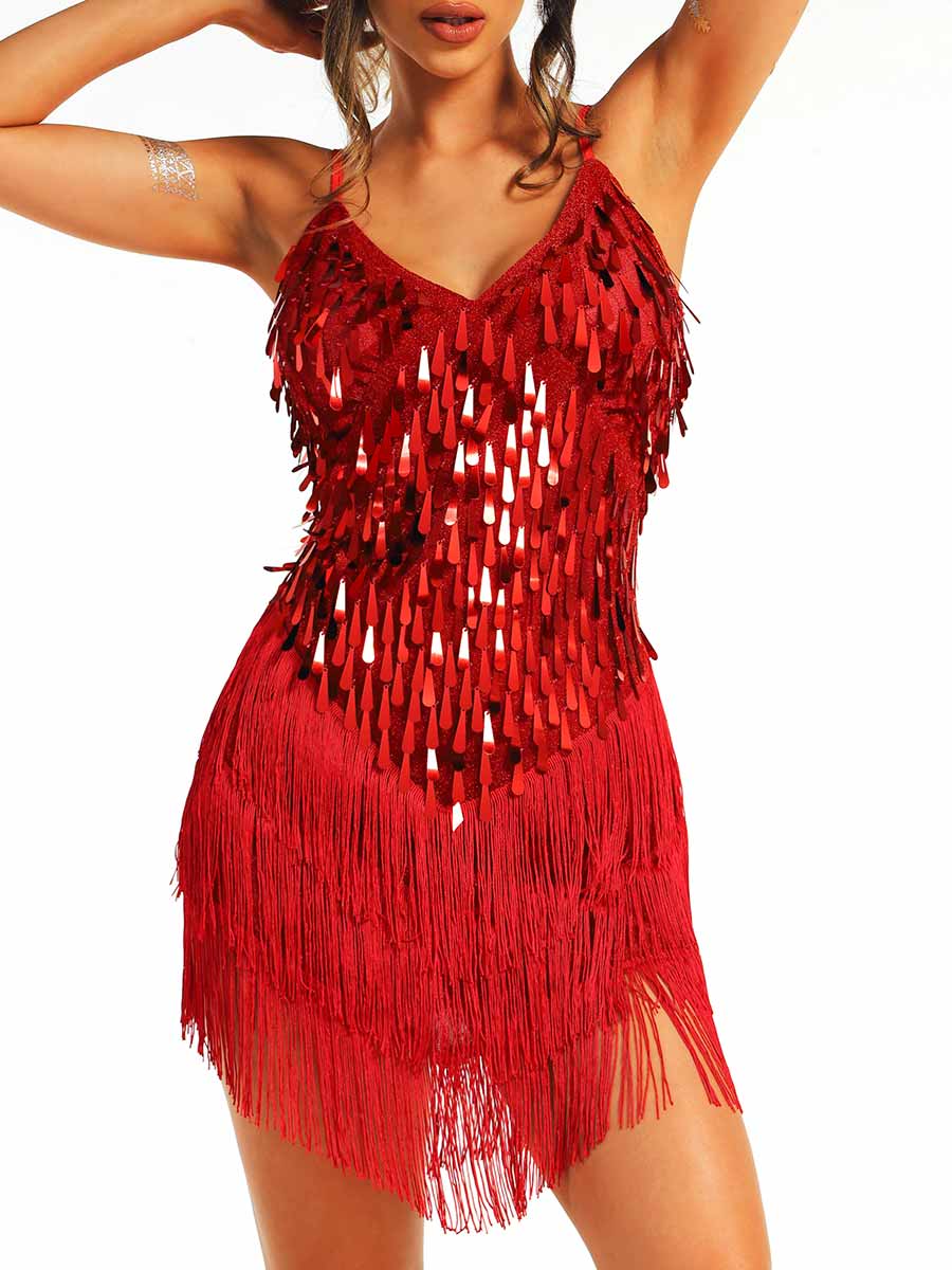 Red Sequin Fringe Spaghetti Strap Dress