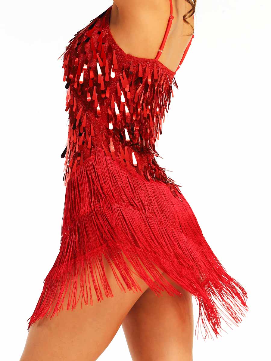 red sequin fringe slip dress