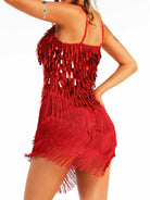 red sparkly fringe slip dress