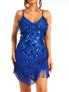 Slim-Fitting Blue Sequin Tassel Suspender Dress