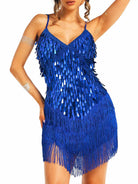 slim-fitting blue sparkly fringe suspender dress