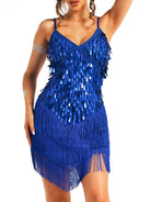 slim-fitting blue sparkly fringe slip dress