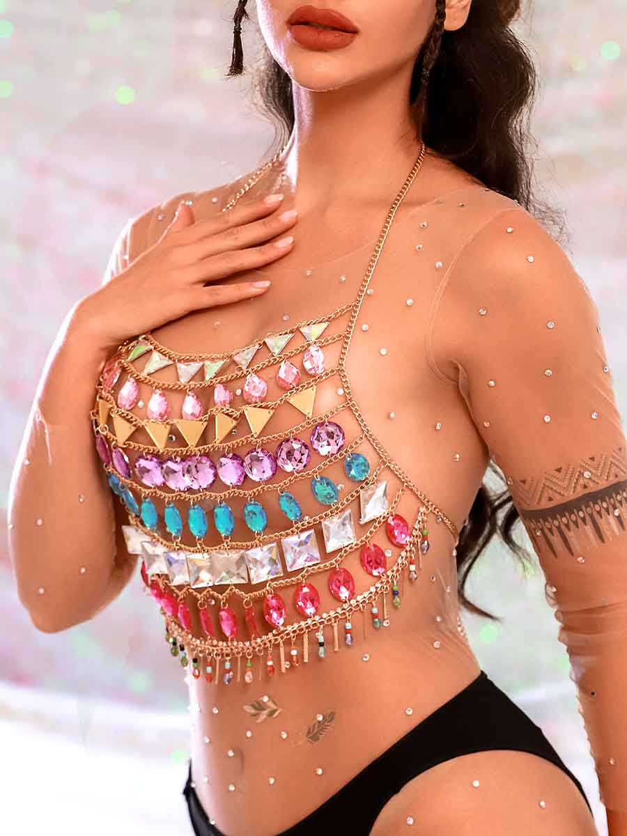 Halter Rhinestone Top - Shiny Metal Chain Crystal Tank Top