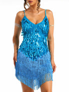 thin strap blue sequin tassel dress