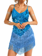 thin strap blue sequin fringe dress