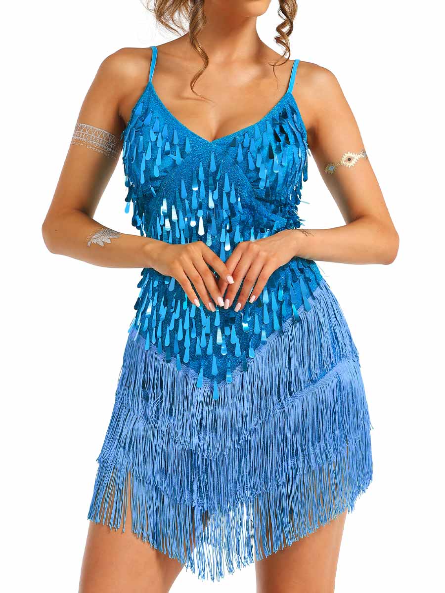 thin strap blue sequin fringe dress