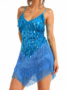 blue sequin fringe dress