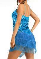 blue sequin fringe slip dress