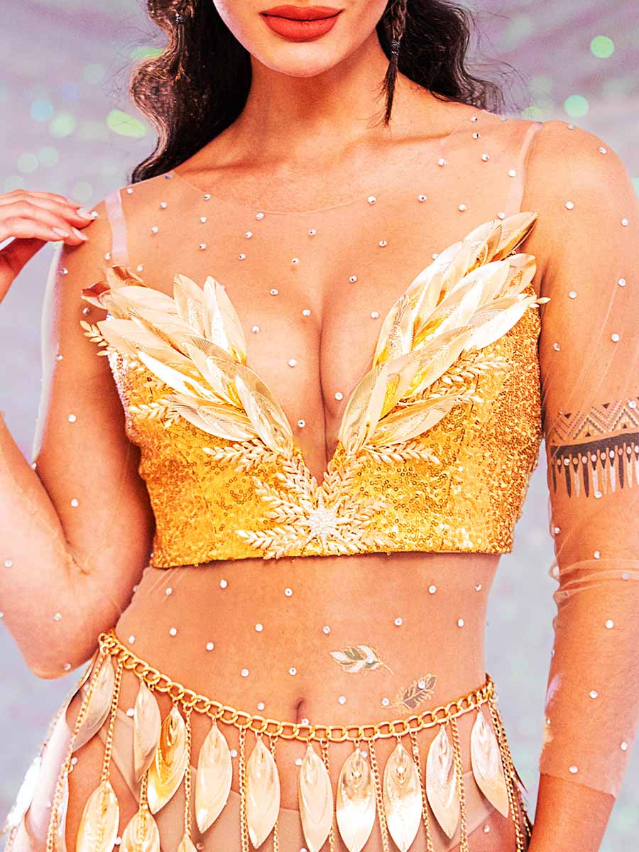 Sparkly Gold Two Piece Set - Corset Bra Top + Fringe Skirt