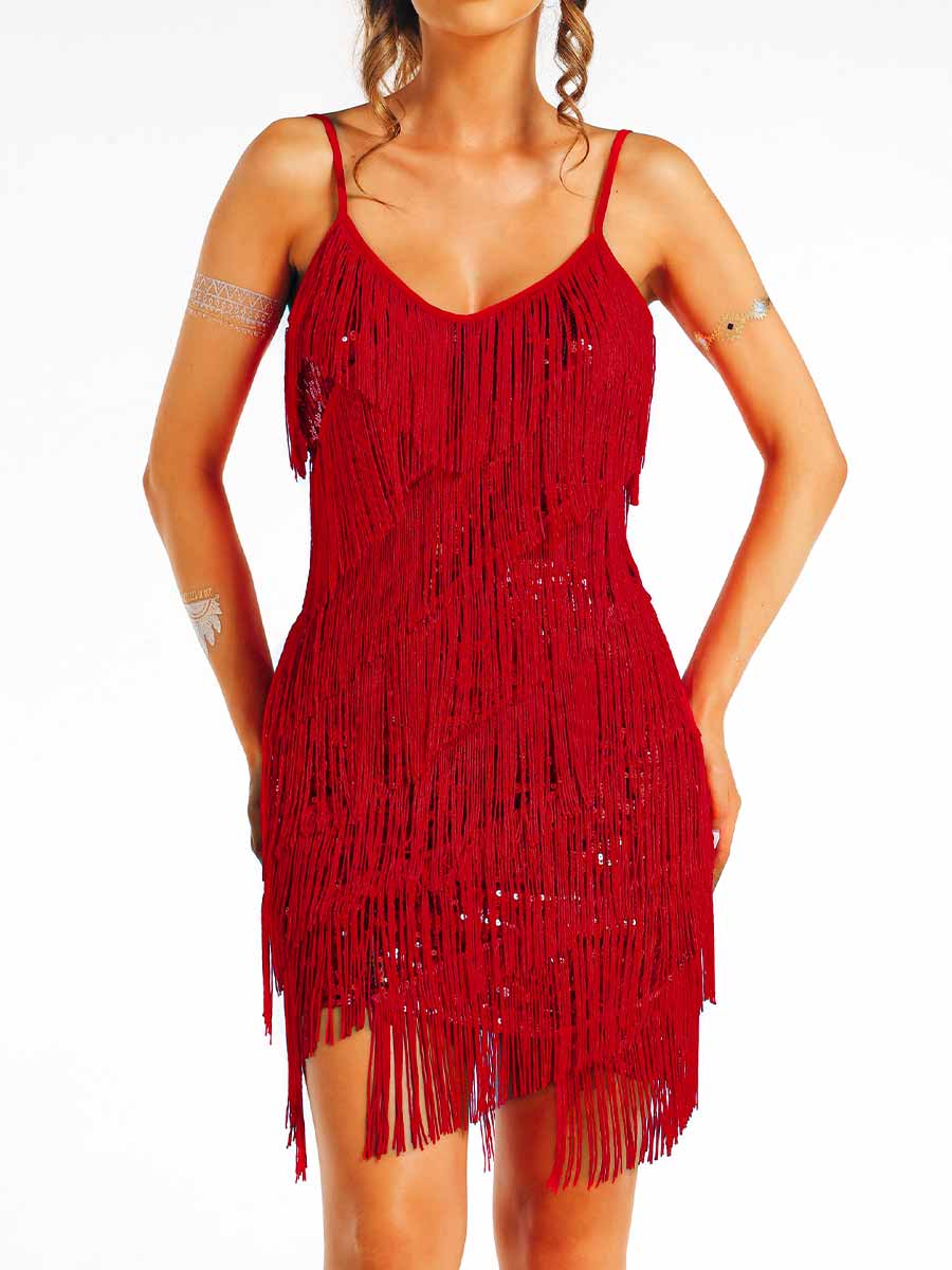 bohemian red sequin tassel dress